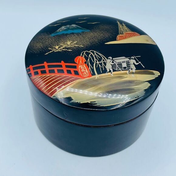 Vintage Black Laquered Japanese Hand Painted Mid-Century Coaster Lidded Set of 6 - Picture 3 of 9
